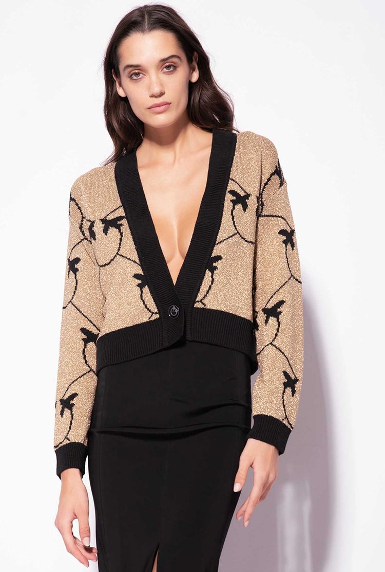 Gold/Black Women's Pinko Cropped Monogram Jacquard Cardigan | Ireland-90217549