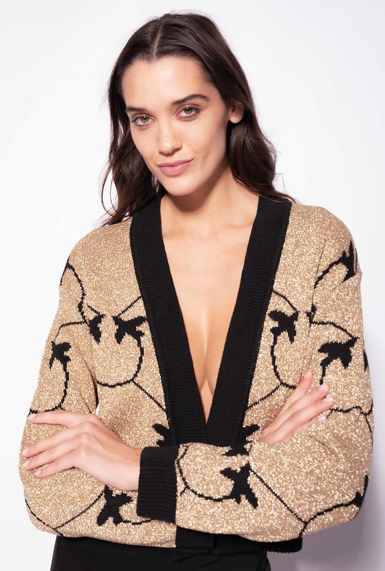 Gold/Black Women's Pinko Cropped Monogram Jacquard Cardigan | Ireland-90217549