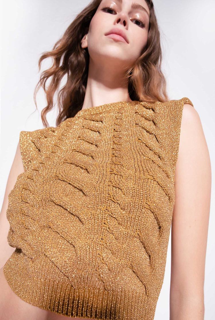 Gold Women's Pinko Knit Lurex Vest | Ireland-54683099