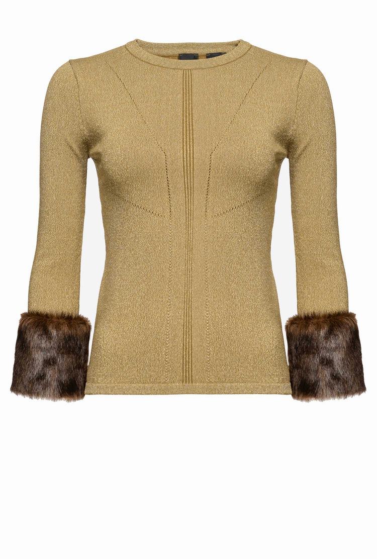 Green/Gold Women's Pinko Faux Fur Cuffs Sweaters | Ireland-18692039