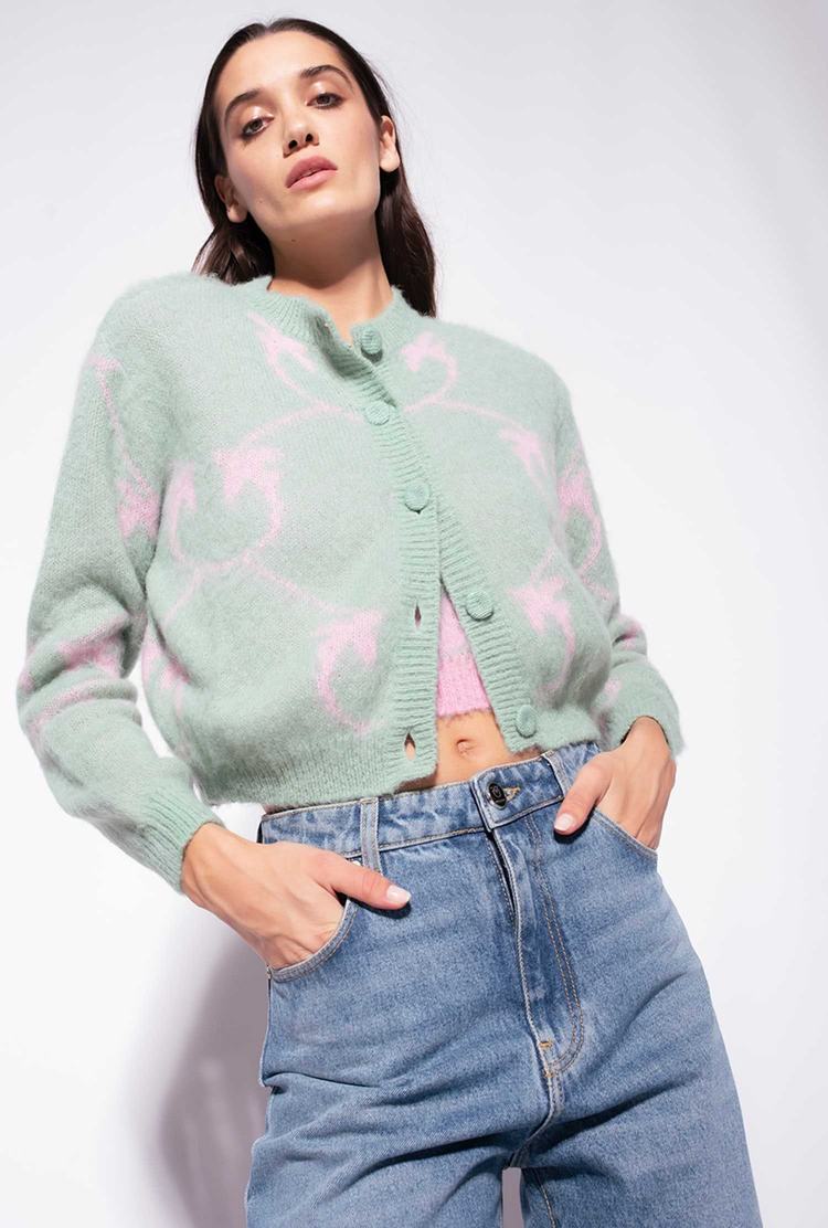 Green/Pink Women's Pinko Cropped Monogram Jacquard Cardigan | Ireland-86527419