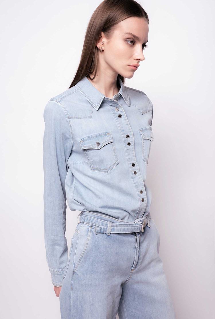 Grey Blue Women's Pinko Light Twill Denim Shirts | Ireland-20469879