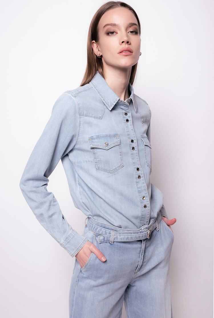 Grey Blue Women\'s Pinko Light Twill Denim Shirts | Ireland-20469879