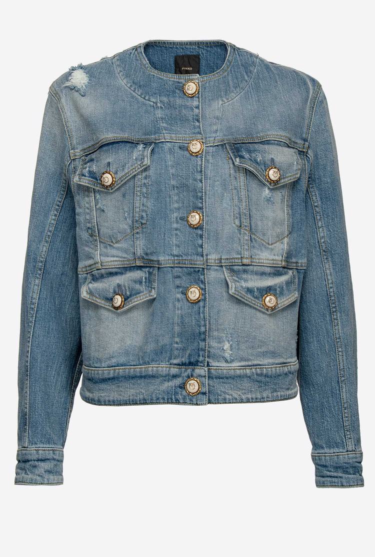 Grey Blue Women's Pinko Used-effect Denim Jackets | Ireland-64219709