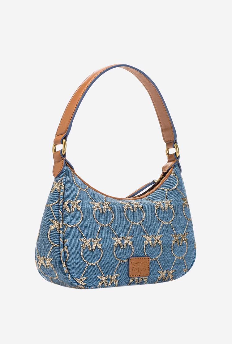 Light Blue/Gold Women's Pinko Mini Love Bag Half Moon Denim Logo Shoulder Bags | Ireland-29401659