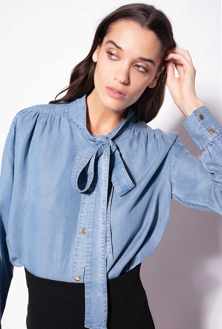 Light Blue Women's Pinko Light Denim Pussy-bow Shirts | Ireland-21056739