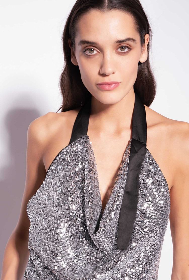 Metal Silver Women's Pinko All-over Sequin Embellishment Tanks | Ireland-60534199