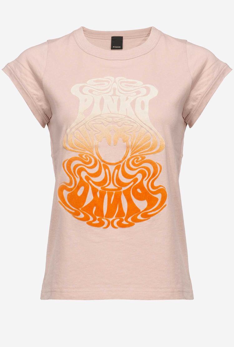 Pink/Orange Women's Pinko Multicoloured Love Birds Logo T Shirts | Ireland-94306829