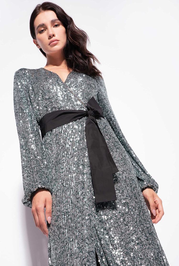 Silver/Green Women's Pinko All-over Sequins Dress | Ireland-15947029