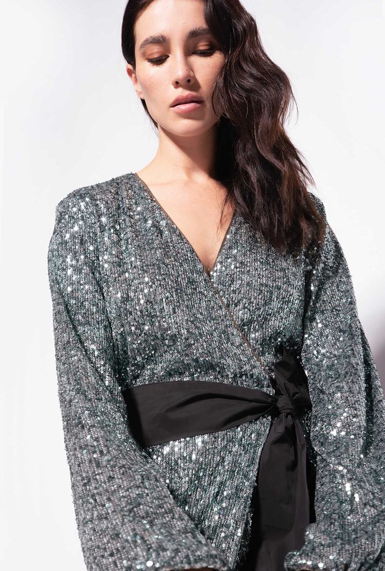 Silver/Green Women's Pinko All-over Sequins Dress | Ireland-15947029