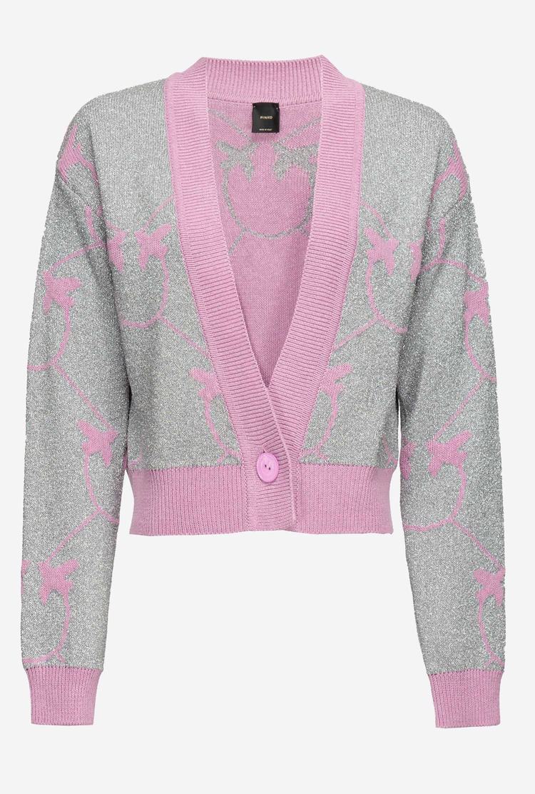 Silver/Pink Women\'s Pinko Cropped Monogram Jacquard Cardigan | Ireland-37014289