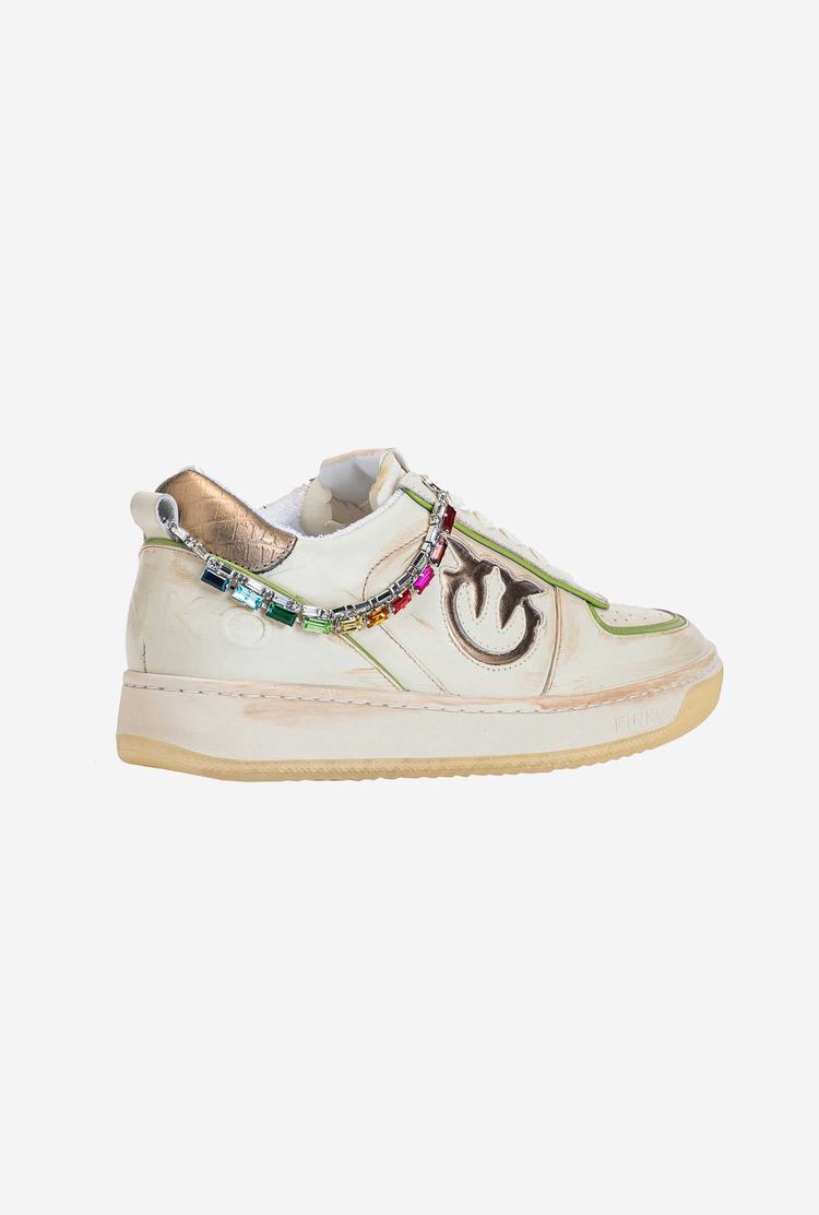 White/Gold/Green Women's Pinko Jewel Detail Sneakers | Ireland-09364829