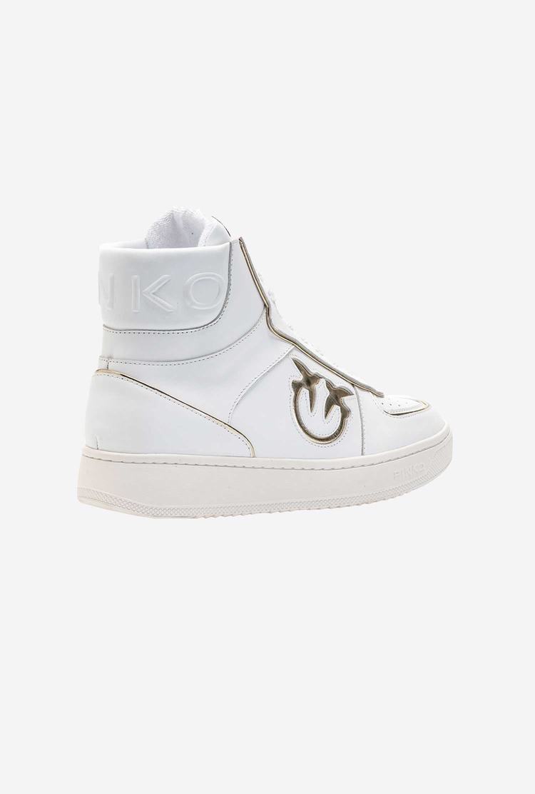 White/Gold Women's Pinko Leather High-top Sneakers | Ireland-02319579