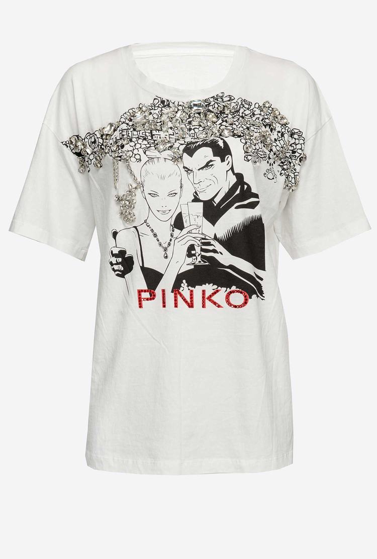 White Women's Pinko Bejewelled Diabolik T Shirts | Ireland-84297319