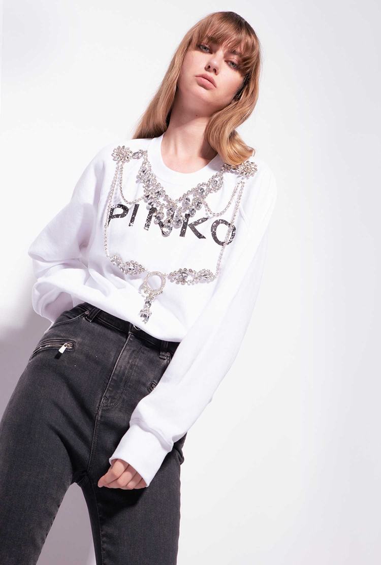 White Women's Pinko Bejewelled Embellishment Sweatshirt | Ireland-54869029