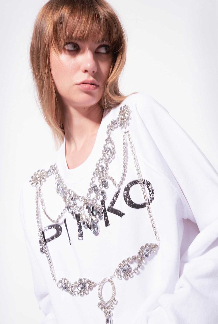 White Women's Pinko Bejewelled Embellishment Sweatshirt | Ireland-54869029