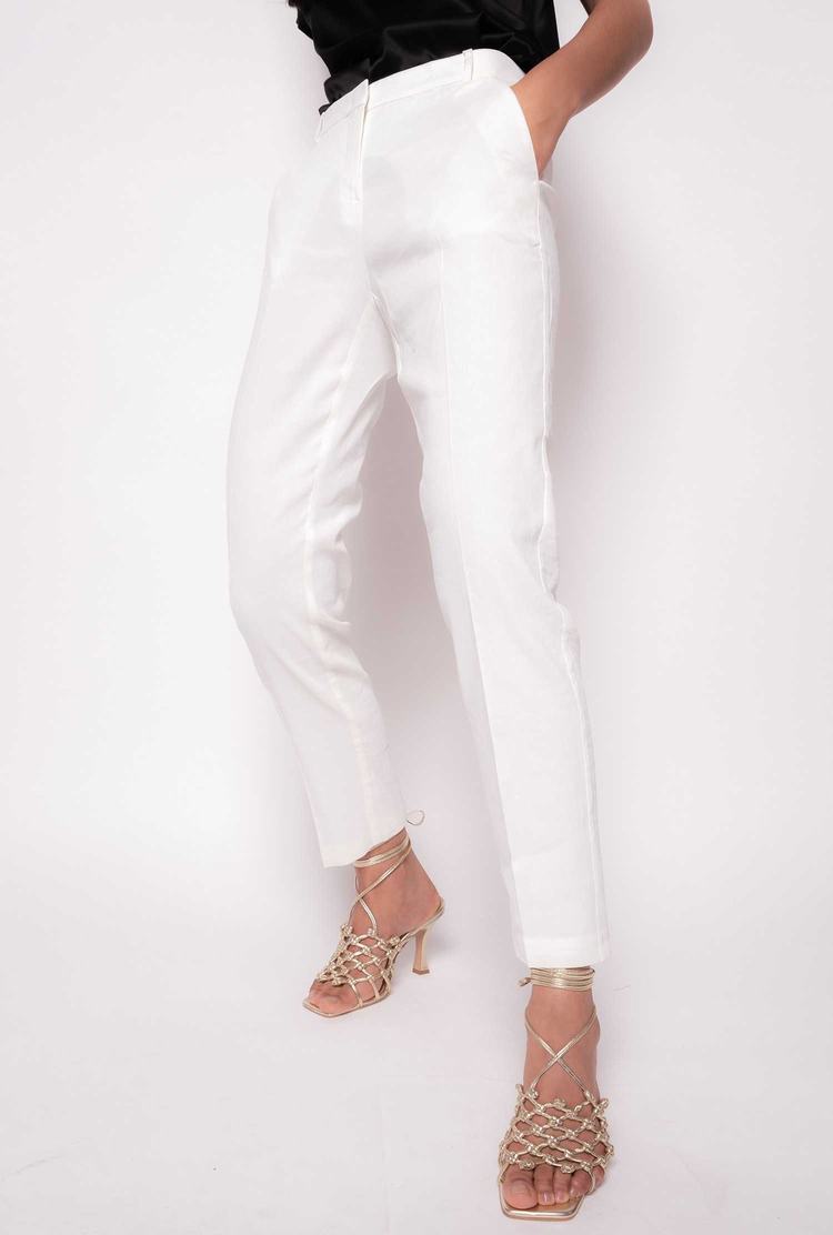 White Women's Pinko Cigarette-fit Linen-fabric Pants | Ireland-48529369