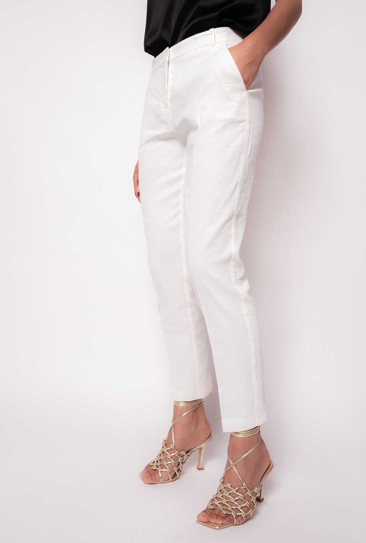 White Women's Pinko Cigarette-fit Linen-fabric Pants | Ireland-48529369