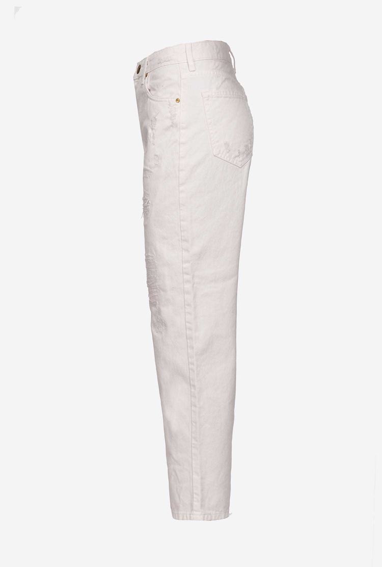 White Women's Pinko Mom-fit In Ripped Bull Fabric Jeans | Ireland-27041989