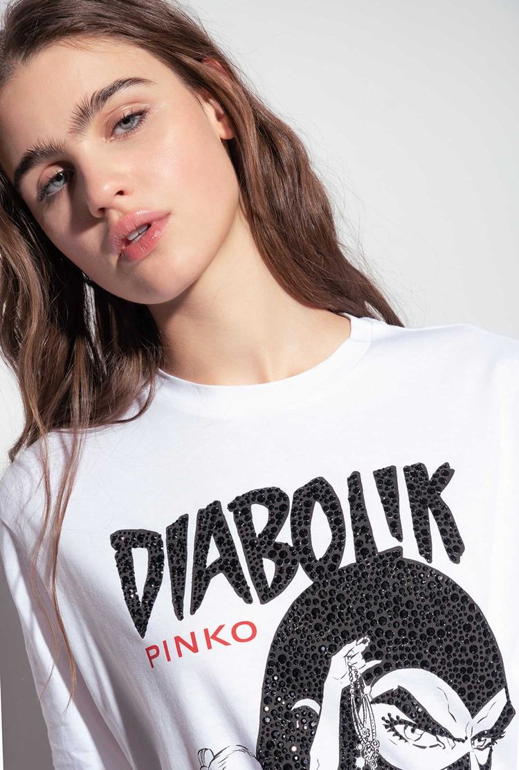 White Women's Pinko Rhinestones T Shirts | Ireland-92167349