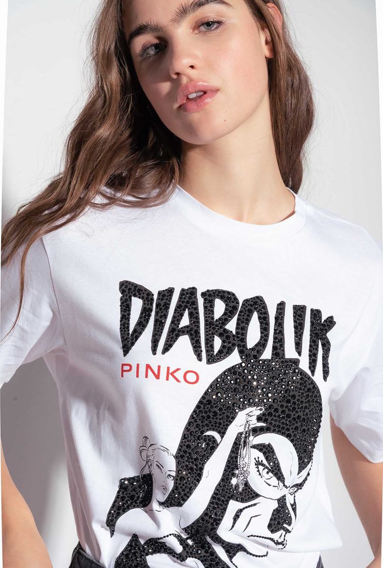 White Women\'s Pinko Rhinestones T Shirts | Ireland-92167349