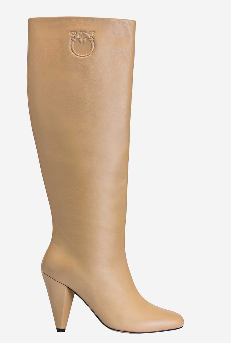 Beige Women's Pinko Heeled Leather Boots | Ireland-23714609