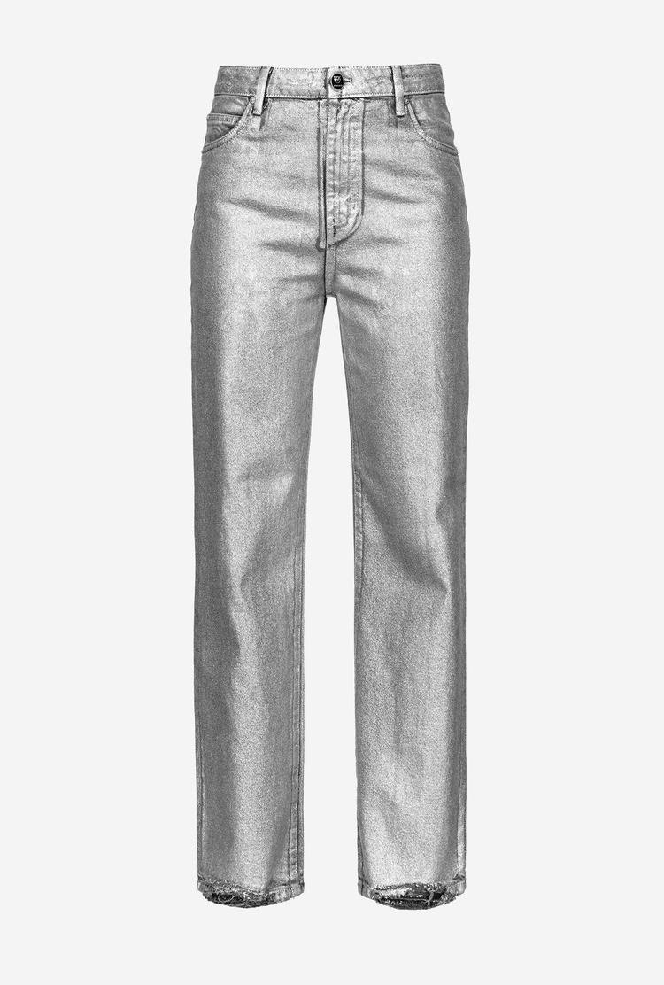 Black/Silver Women's Pinko Laminated Straight-cut Jeans | Ireland-19032579