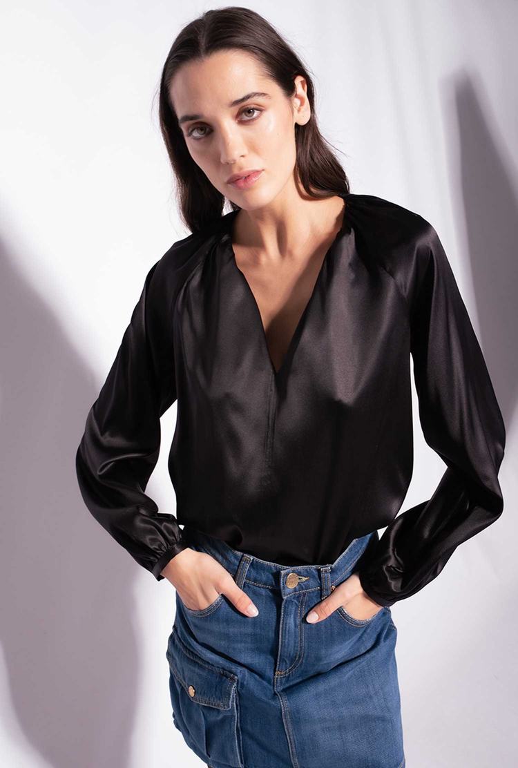 Black Women's Pinko Long-sleeved Stretch Satin Shirts | Ireland-50314979