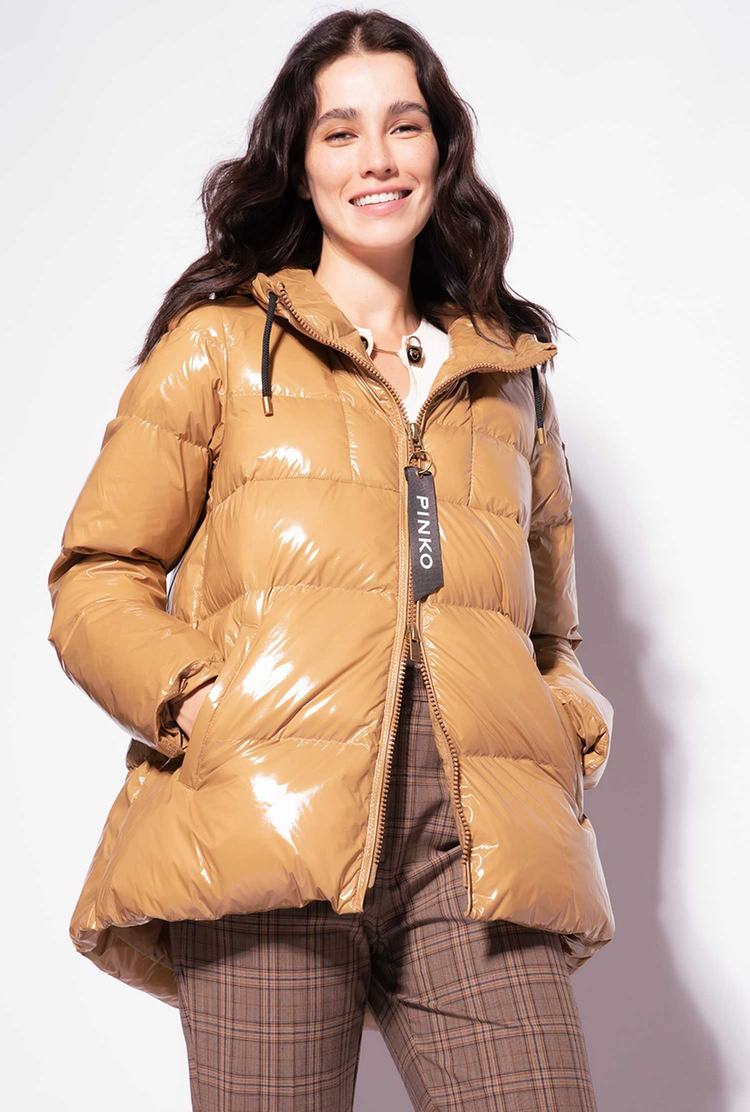 Brown/Gold Women's Pinko Crystal Nylon Jackets | Ireland-50368219