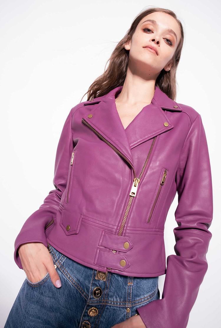 Dark Purple Women's Pinko Nappa Leather Biker Jacket | Ireland-02783569