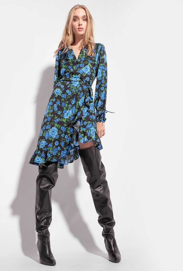 Multicolor Black/Flower Blue Women's Pinko Floral Wrap Dress | Ireland-28317609