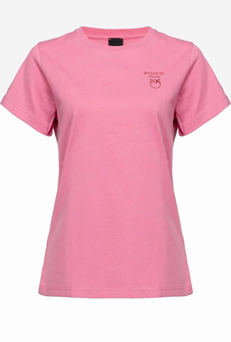 Rose Women's Pinko Mini Love Birds Embroidery T Shirts | Ireland-50236199