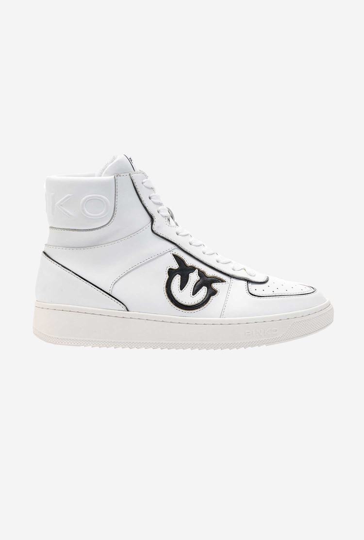 White/Black Women's Pinko Leather High-top Sneakers | Ireland-87359109