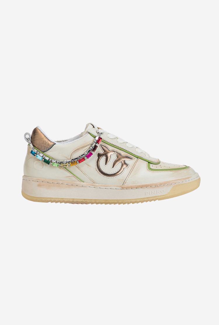 White/Gold/Green Women's Pinko Jewel Detail Sneakers | Ireland-09364829