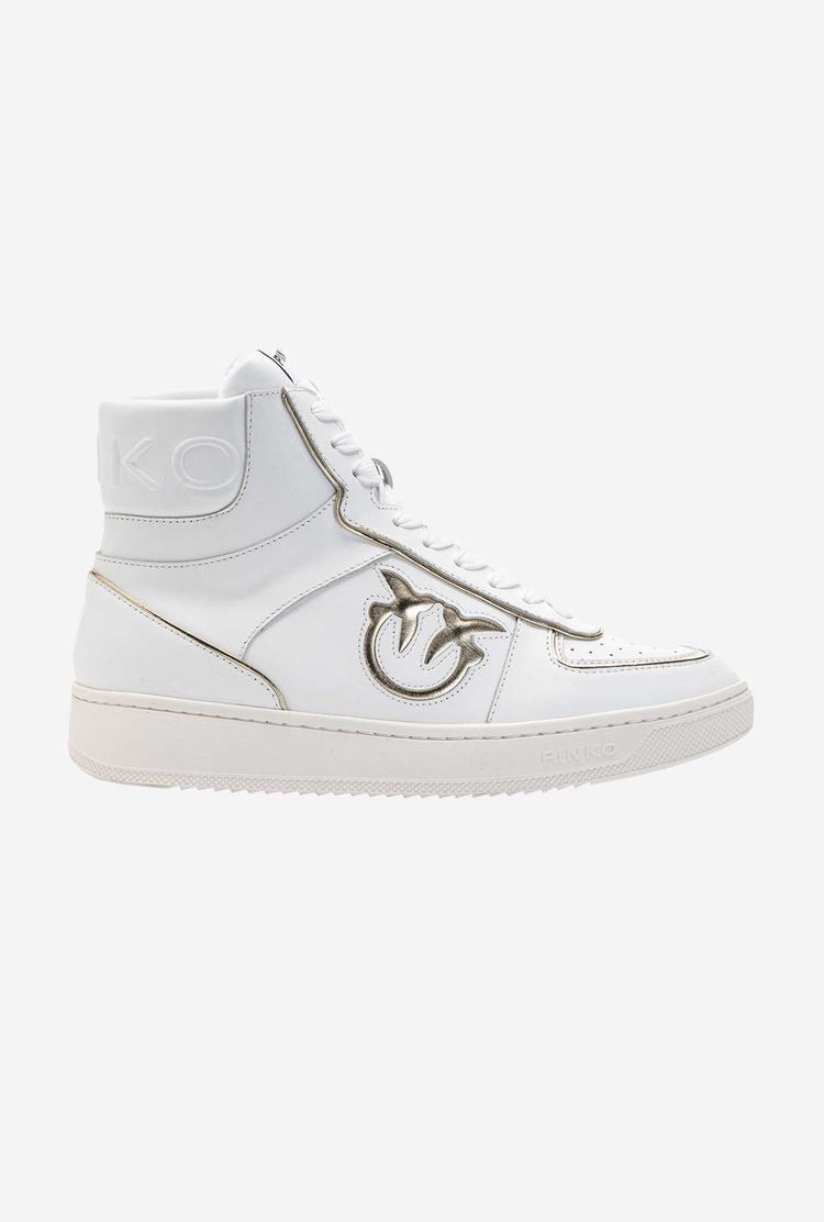 White/Gold Women's Pinko Leather High-top Sneakers | Ireland-02319579