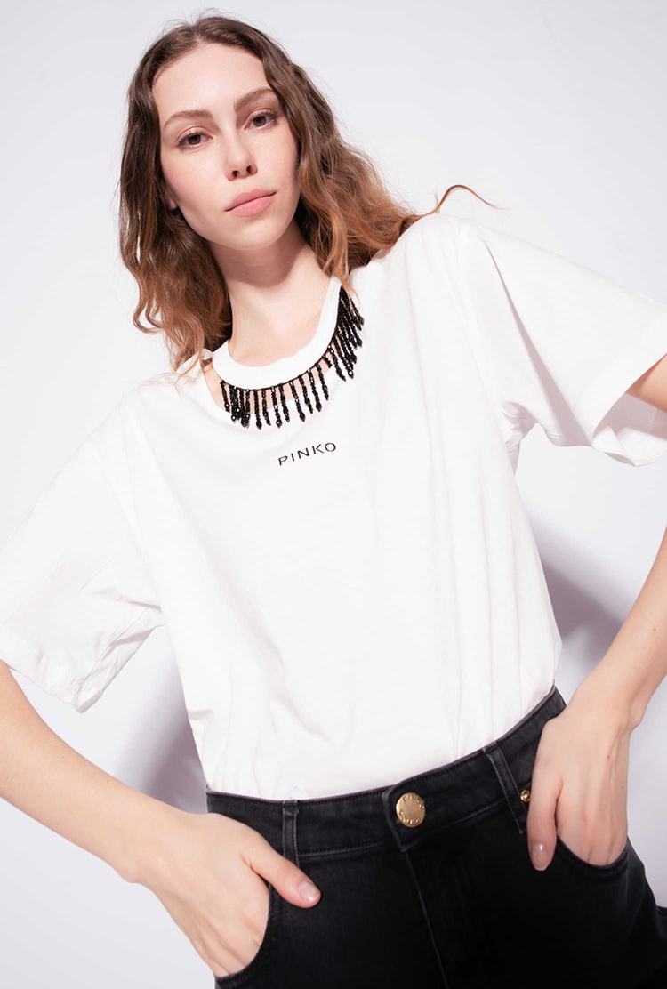 White Women's Pinko Beads On The Neck T Shirts | Ireland-26417839