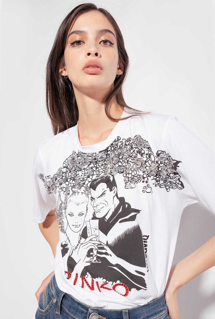 White Women's Pinko Bejewelled Diabolik T Shirts | Ireland-84297319