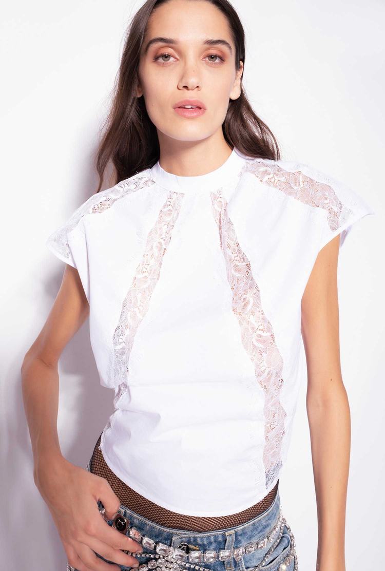 White Women's Pinko Cropped Poplin And Lace Tanks | Ireland-02469719